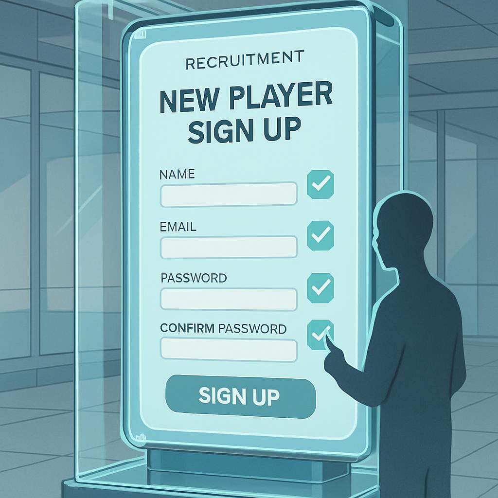A person standing in front of a large screen with a recruitment sign-up form. The logo reads "Recruitment New Player Sign ...