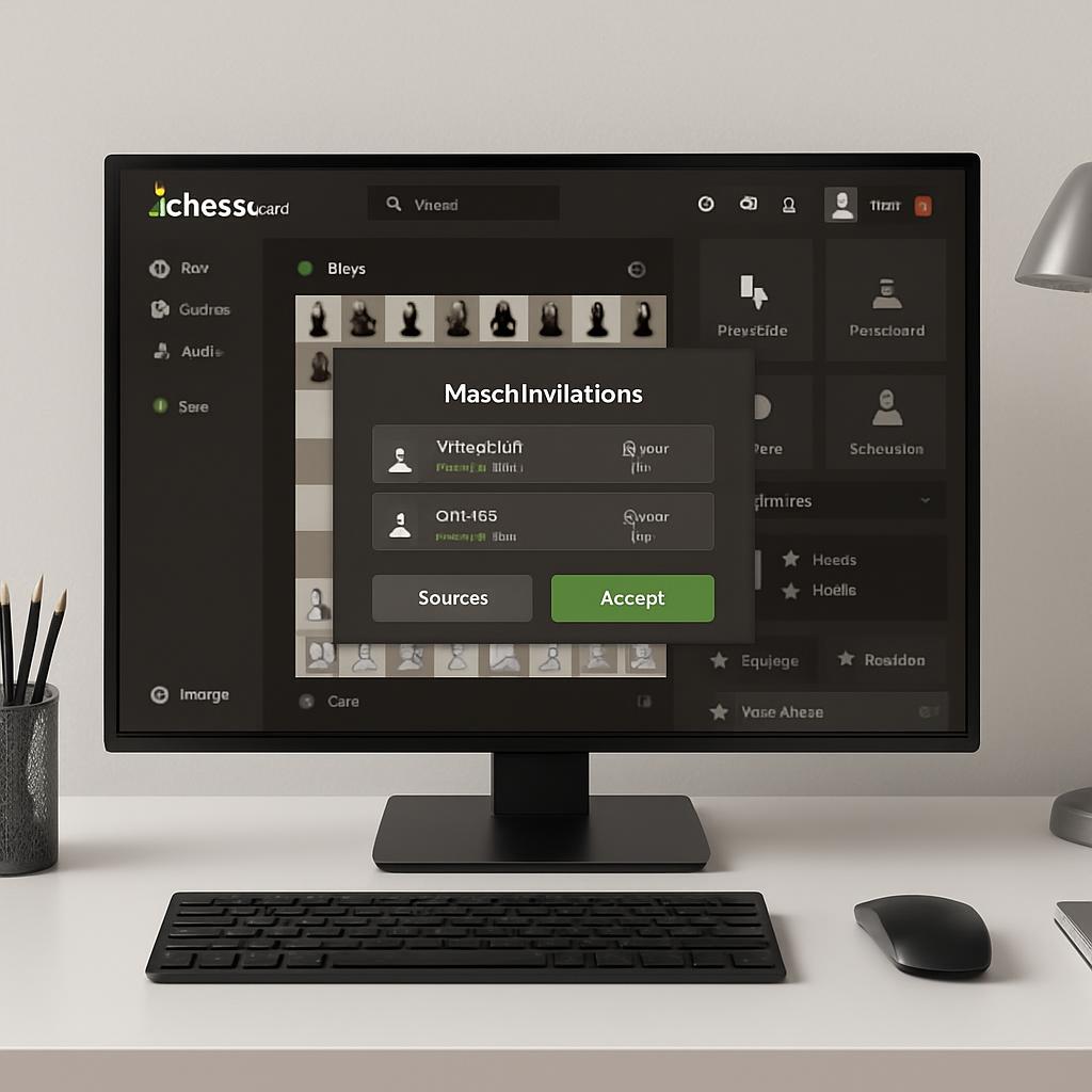Computer monitor displaying a chess game interface with a keyboard and mouse on a desk next to it.
