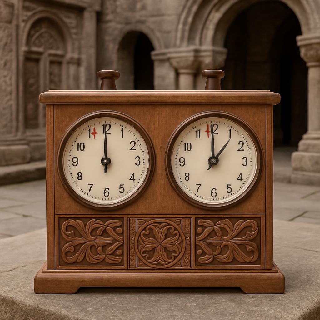 Here is the alt text you requested: "A wooden clock with two faces, each displaying a different time, set against a blurre...